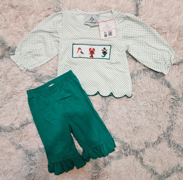 Cajun Christmas Hand Smocked Girl Pants Set