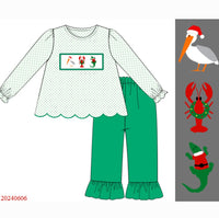 Cajun Christmas Hand Smocked Girl Pants Set